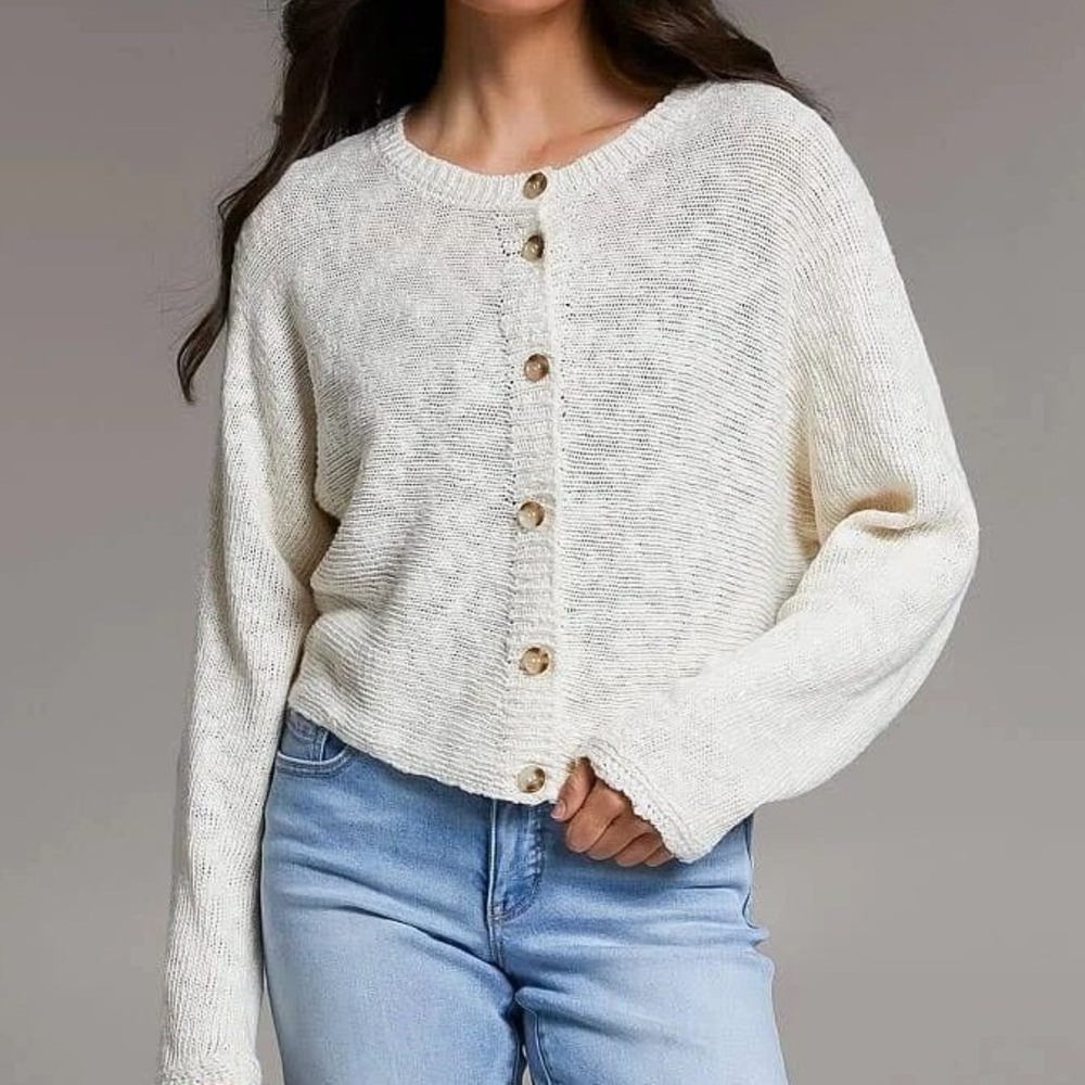 BKE Cropped Cotton Cardigan Cotton Knit Sz Large Boho Coastal Grandma Beachy EUC
